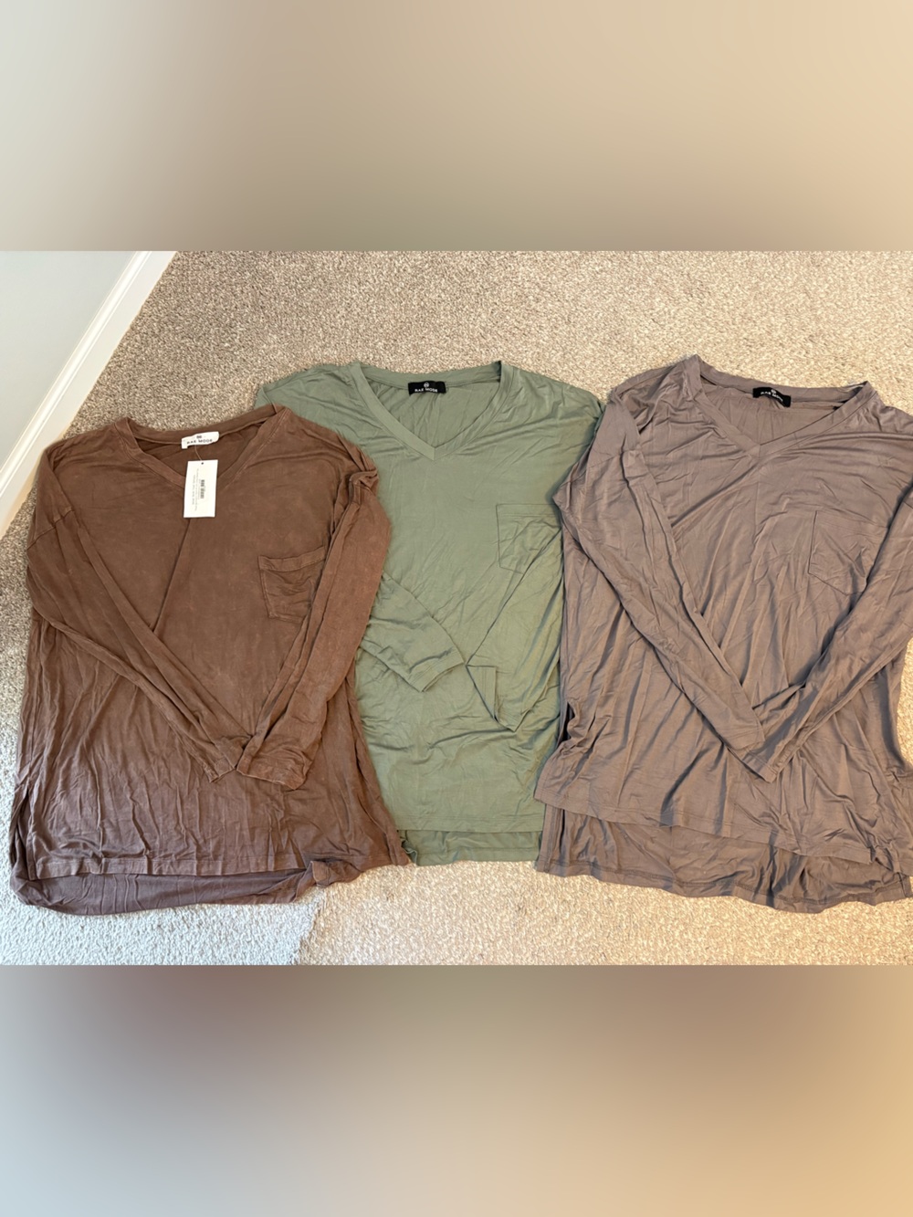 Three V-Neck hi Low Long Sleeve Pocket Tees - Brown, Olive, Taupe